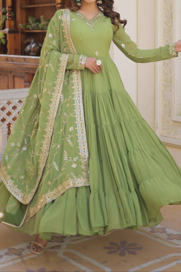 Faux Georgette Blooming & Embroidered Work Gown & Dupatta