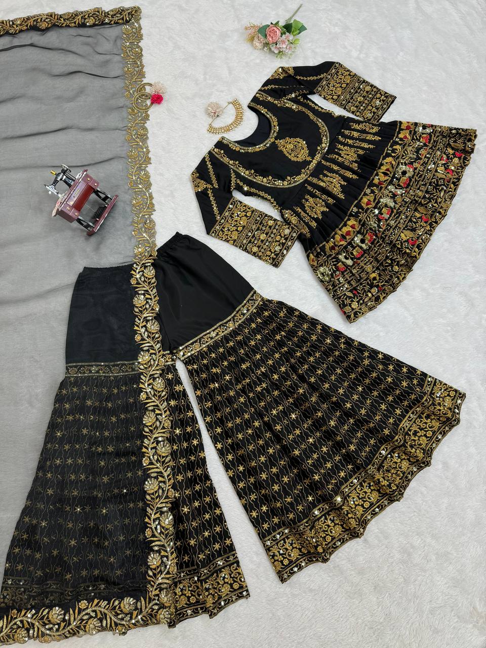 Thread With Sequence Work Top Palazzo & Dupatta