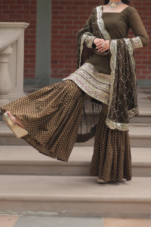 Sequins & Thread Embroidered Sharara Suit