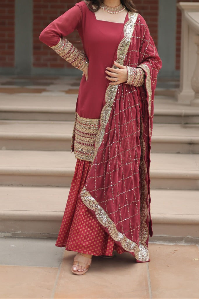 Sequins & Thread Embroidered Sharara Suit