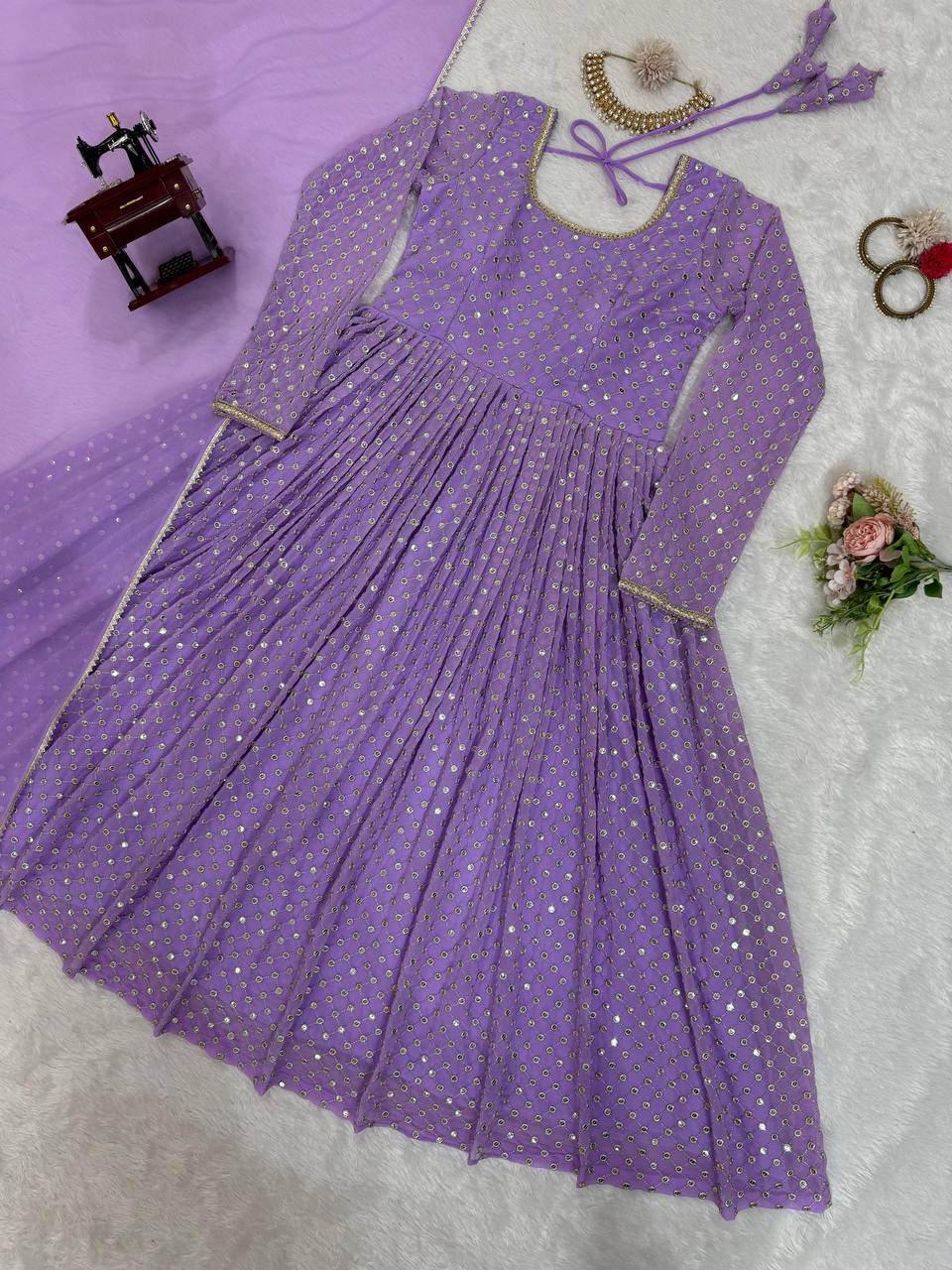 Lavender Color Sequence Work Gown & Dupatta