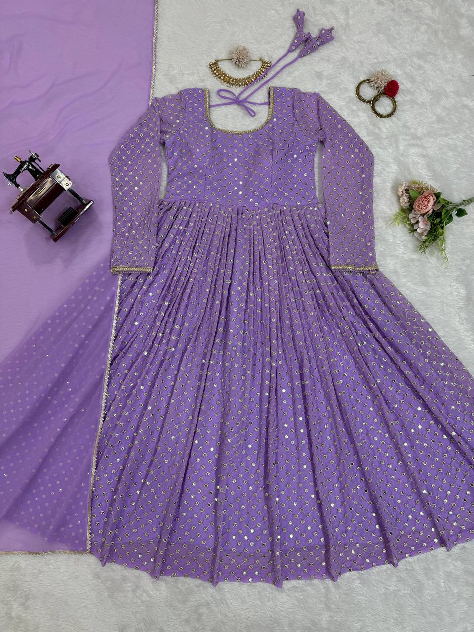 Lavender Color Sequence Work Gown & Dupatta