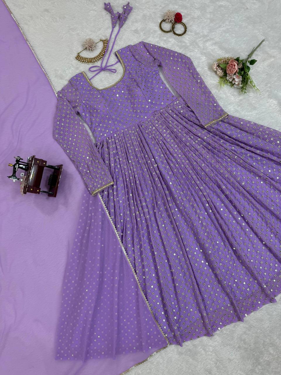 Lavender Color Sequence Work Gown & Dupatta