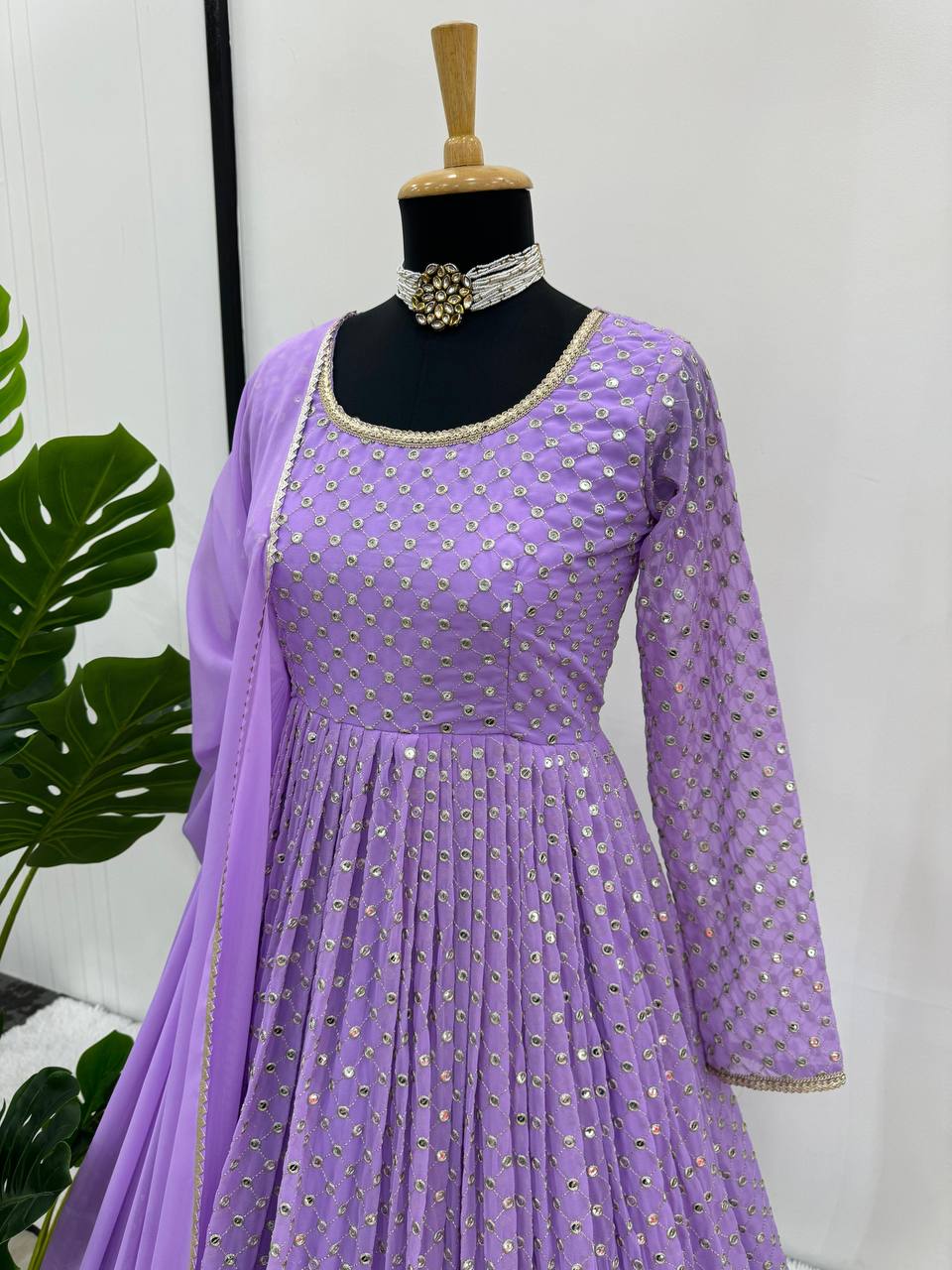 Lavender Color Sequence Work Gown & Dupatta