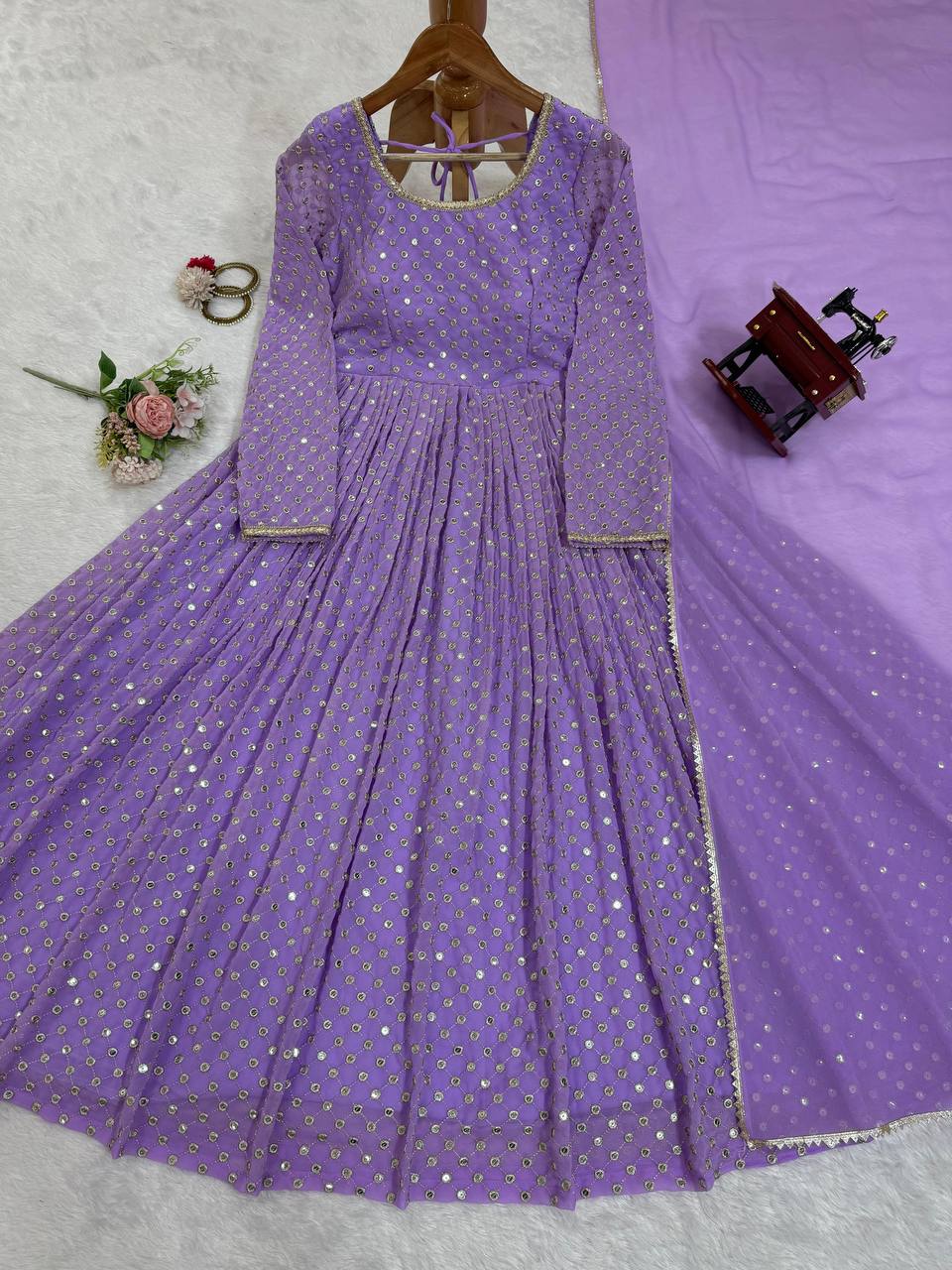 Lavender Color Sequence Work Gown & Dupatta