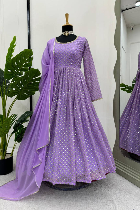 Lavender Color Sequence Work Gown & Dupatta