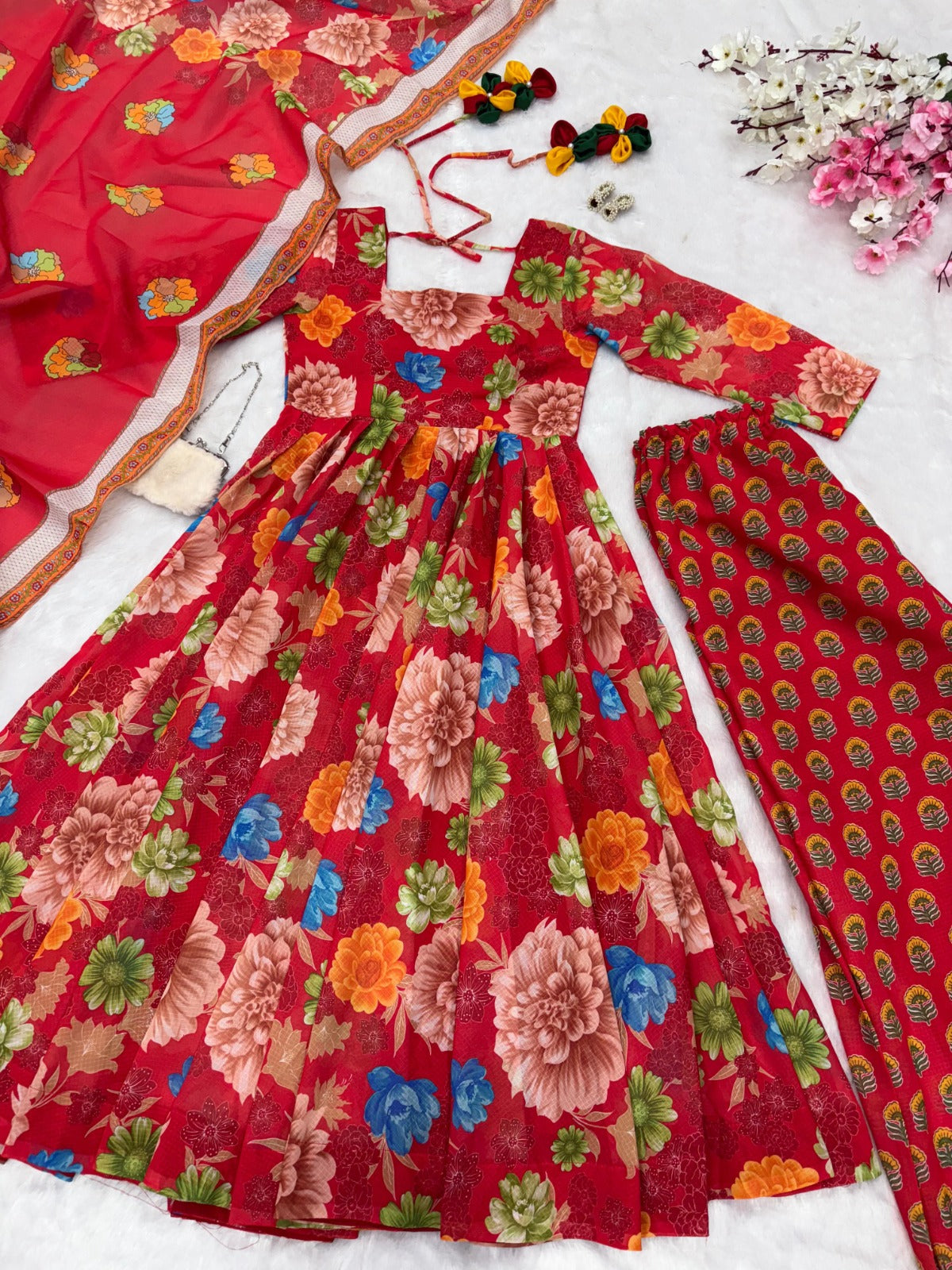 Soft Chex Cotton & Printed Huge Flair Anarkali Suit