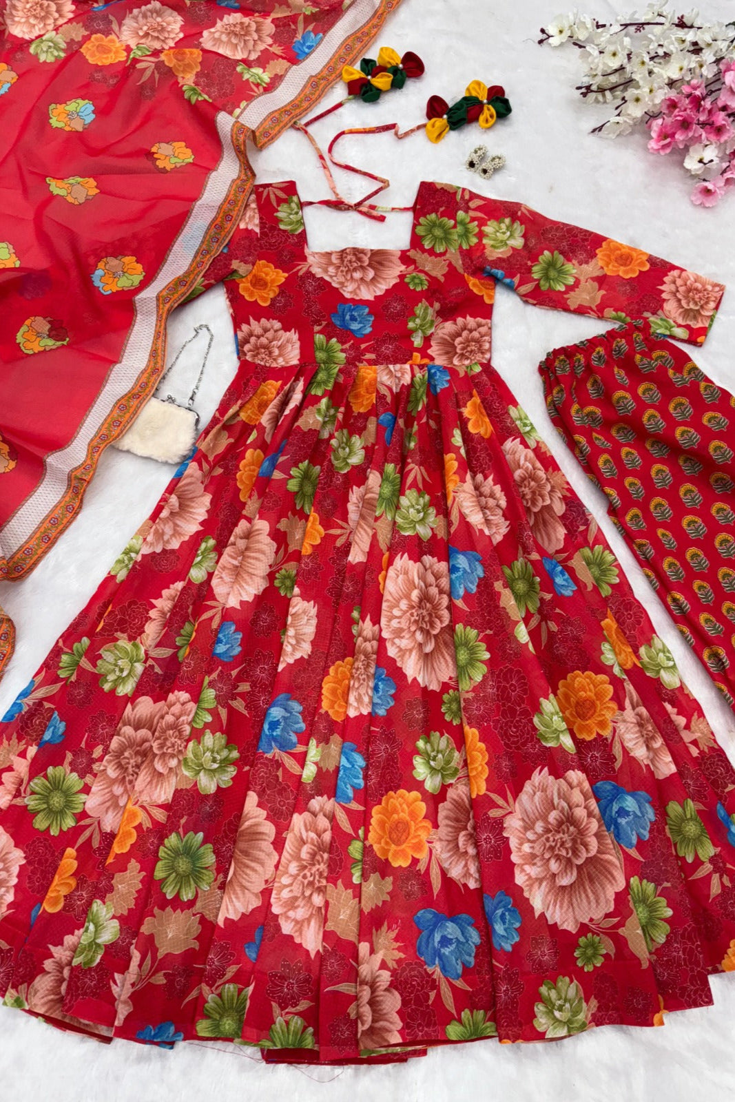 Soft Chex Cotton & Printed Huge Flair Anarkali Suit