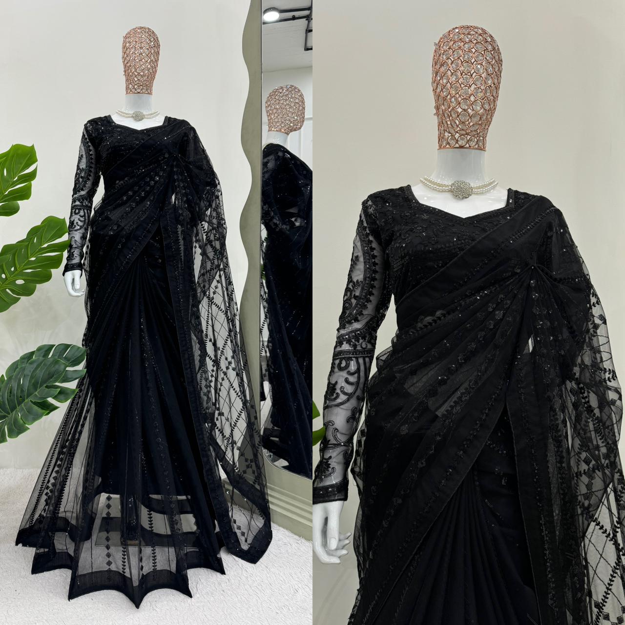 Party Wear Soft Net Black Saree