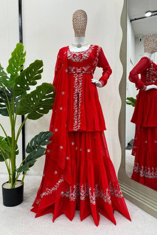 Red Party Wear Sharara Suit