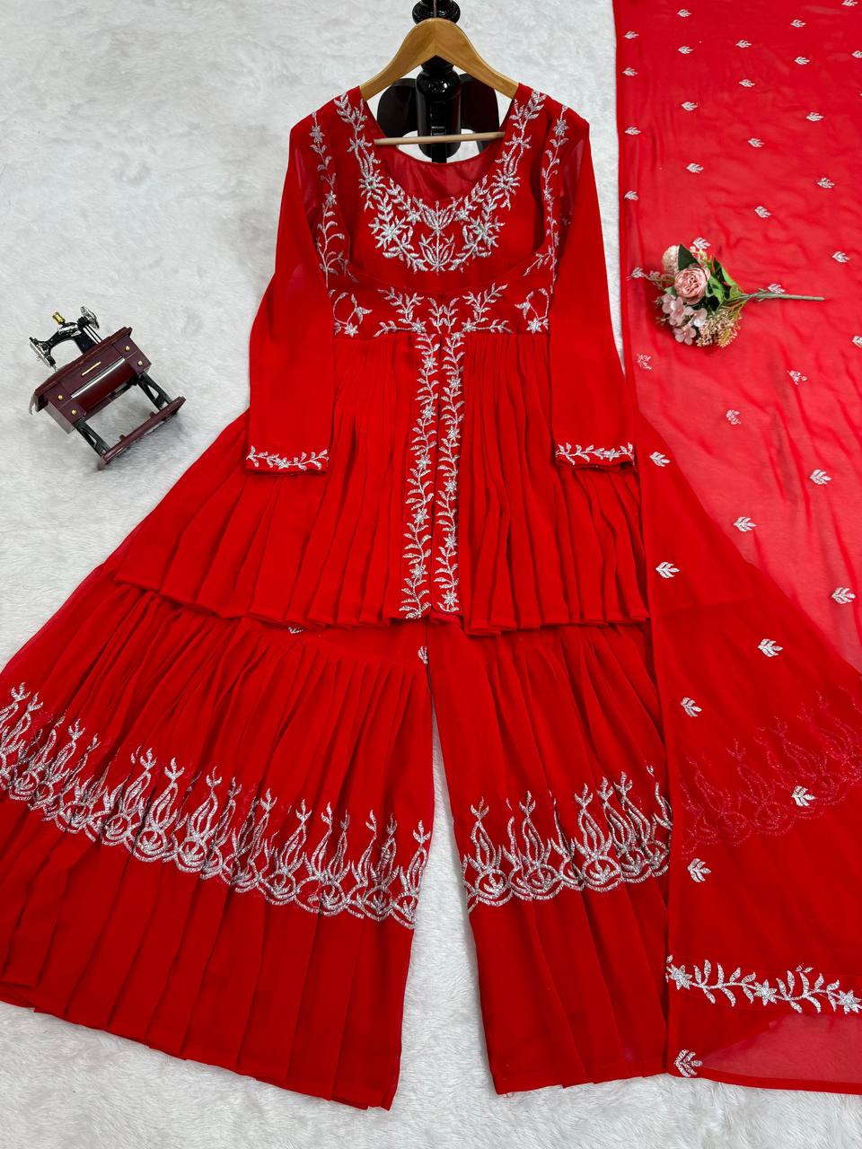 Red Party Wear Sharara Suit