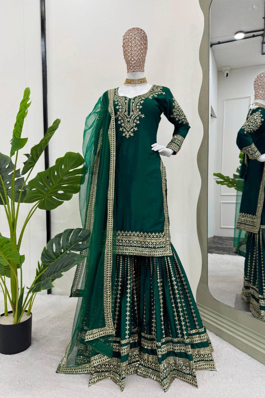 Chinon Silk Mehndi Special Sharara Suit