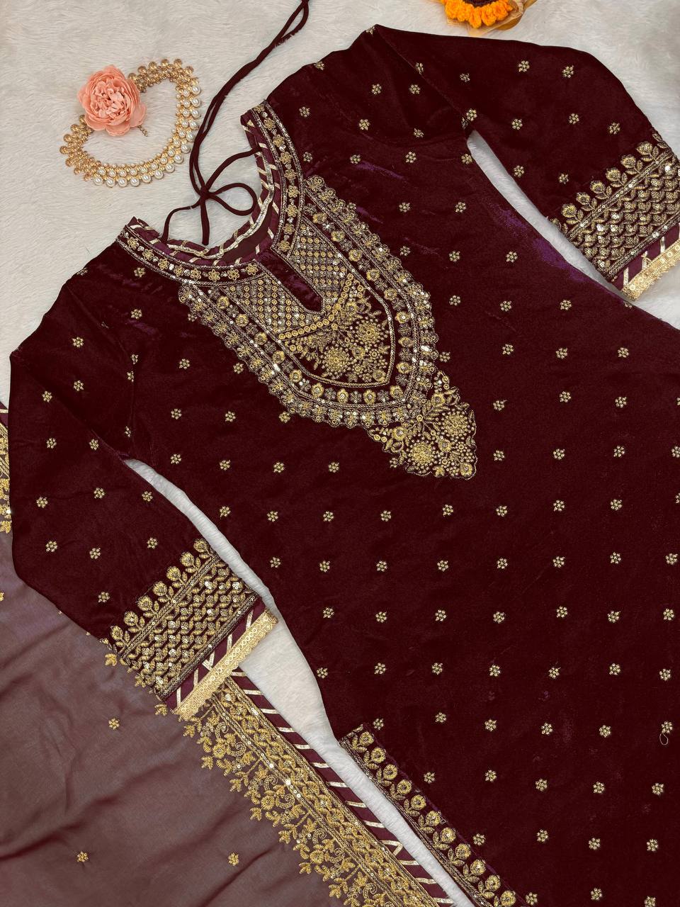 Designer Heavy Viscose Velvet Sequence Work Suit