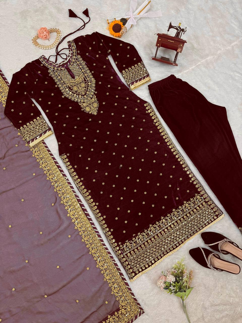 Designer Heavy Viscose Velvet Sequence Work Suit