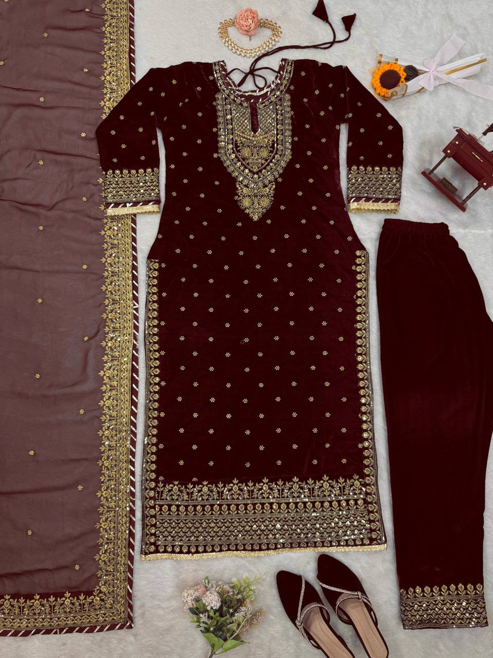 Designer Heavy Viscose Velvet Sequence Work Suit