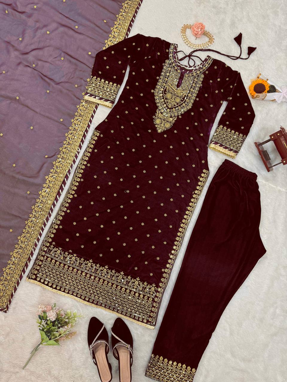 Designer Heavy Viscose Velvet Sequence Work Suit