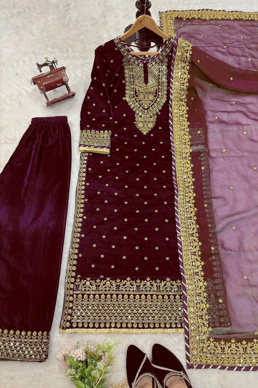 Designer Heavy Viscose Velvet Sequence Work Suit