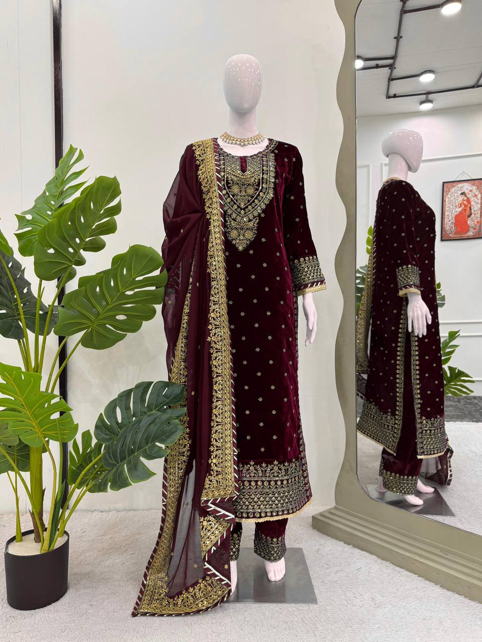 Designer Heavy Viscose Velvet Sequence Work Suit