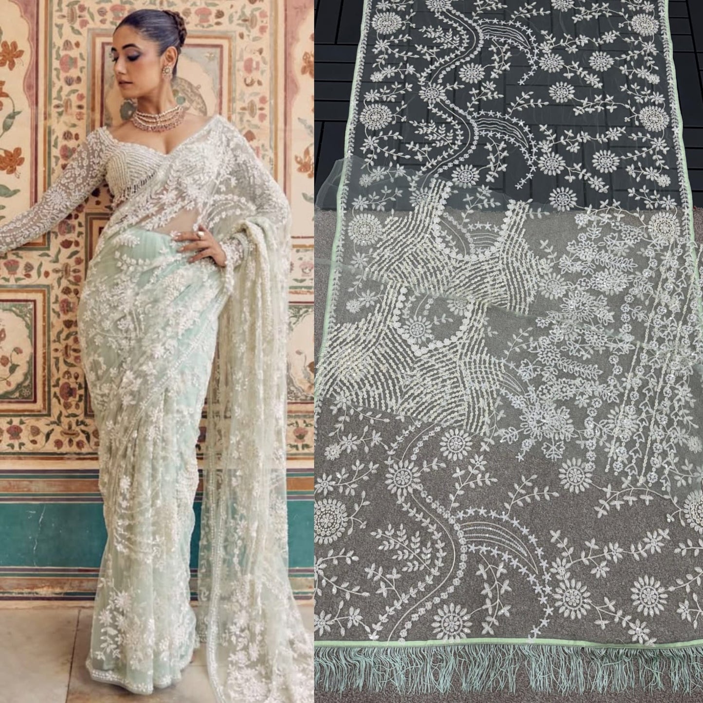 Mono Net & Sequins Embroidery Work Saree & Blouse