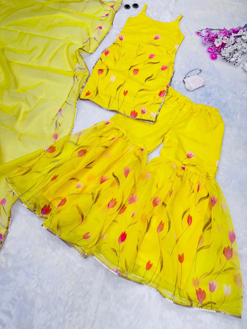 Haldi Special Organza Floral Printed Sharara Suit