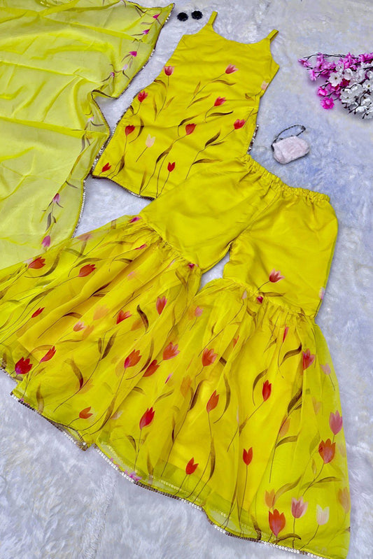 Haldi Special Organza Floral Printed Sharara Suit