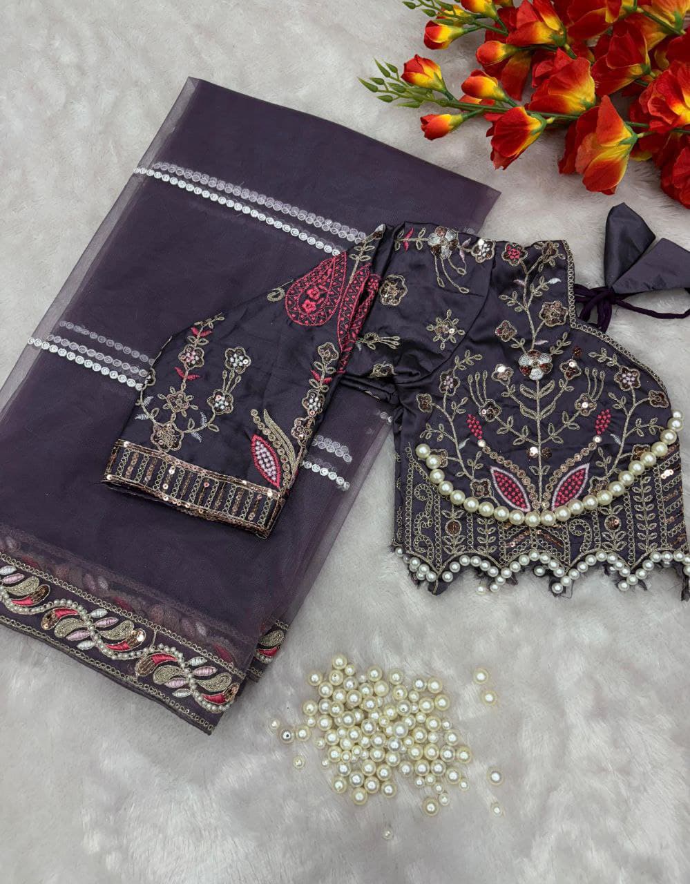 Net Saree With Designer Embroidery Moti & Hand Diamond Work Heavy Blouse