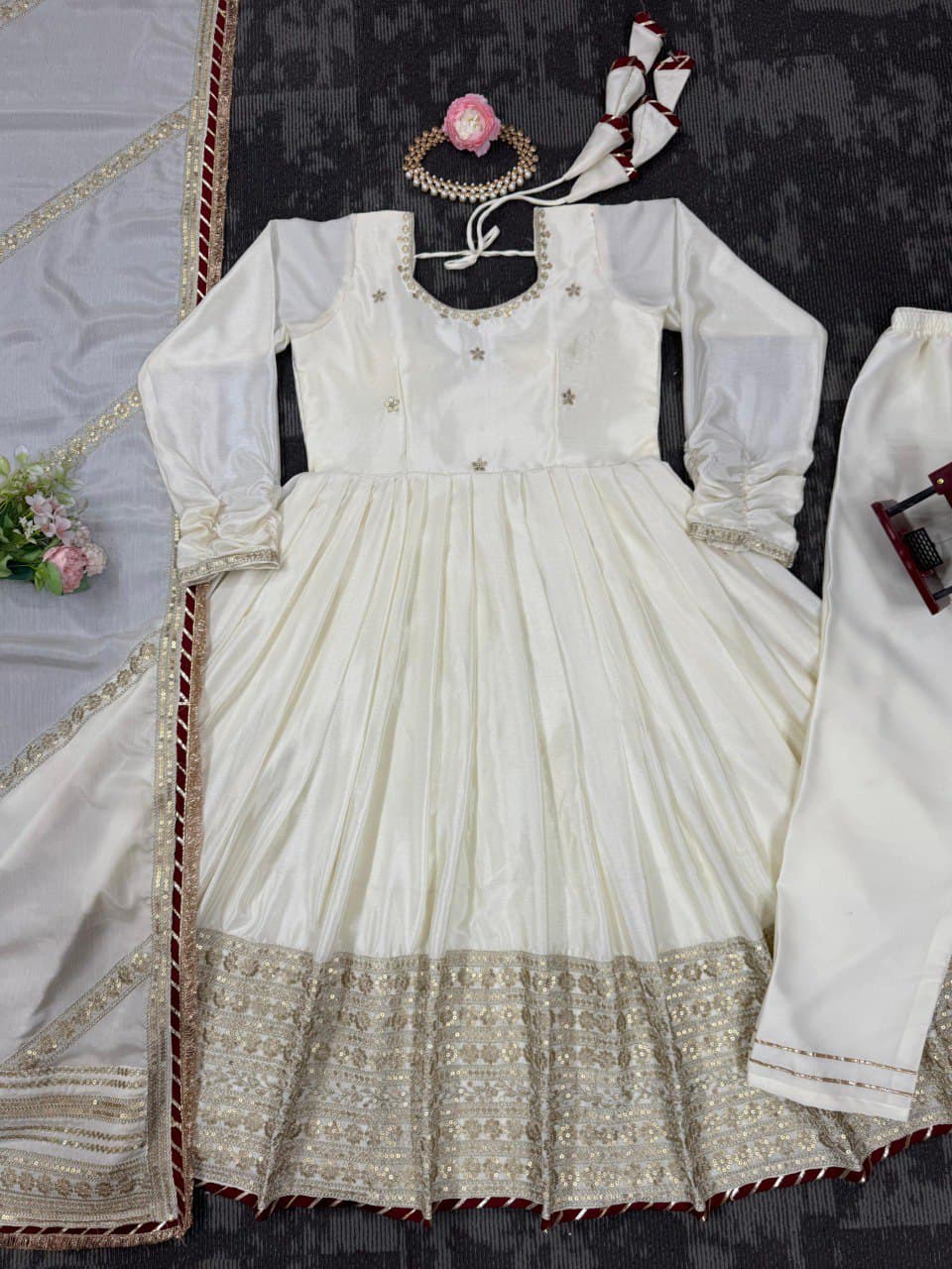 Chinon & Thread With Sequence  Lace Border Heavy Anarkali Suit Set