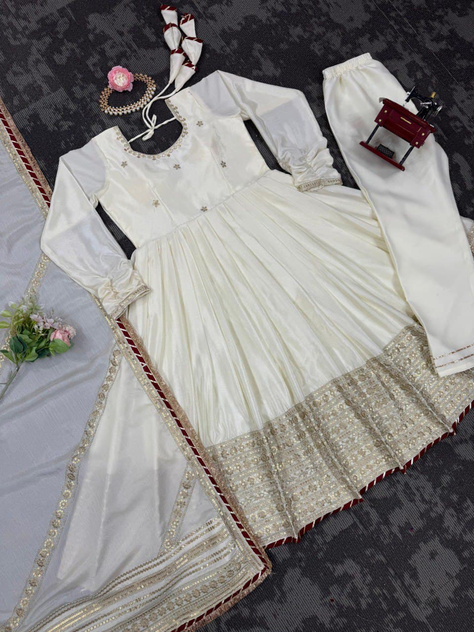 Chinon & Thread With Sequence  Lace Border Heavy Anarkali Suit Set