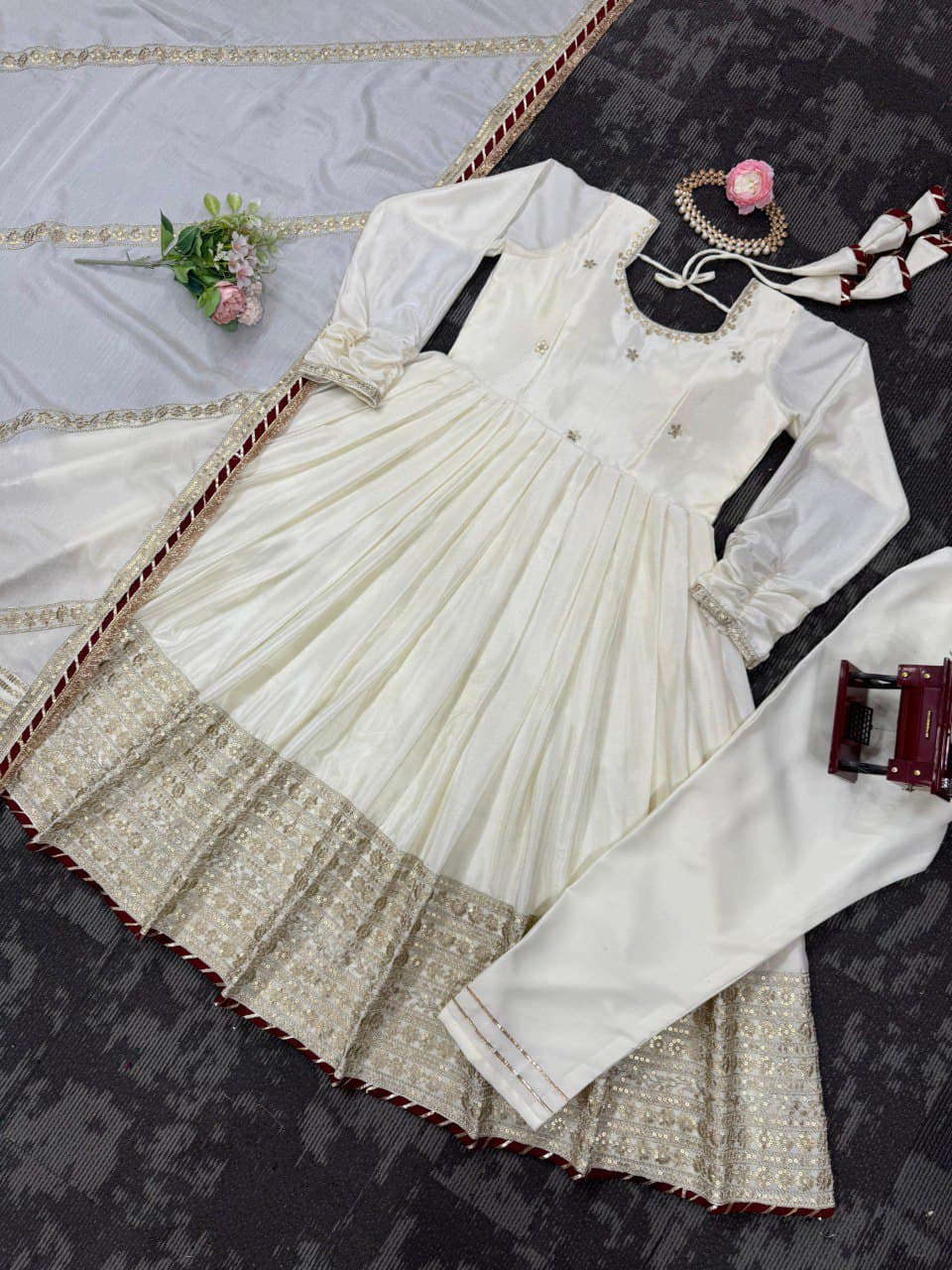 Chinon & Thread With Sequence  Lace Border Heavy Anarkali Suit Set