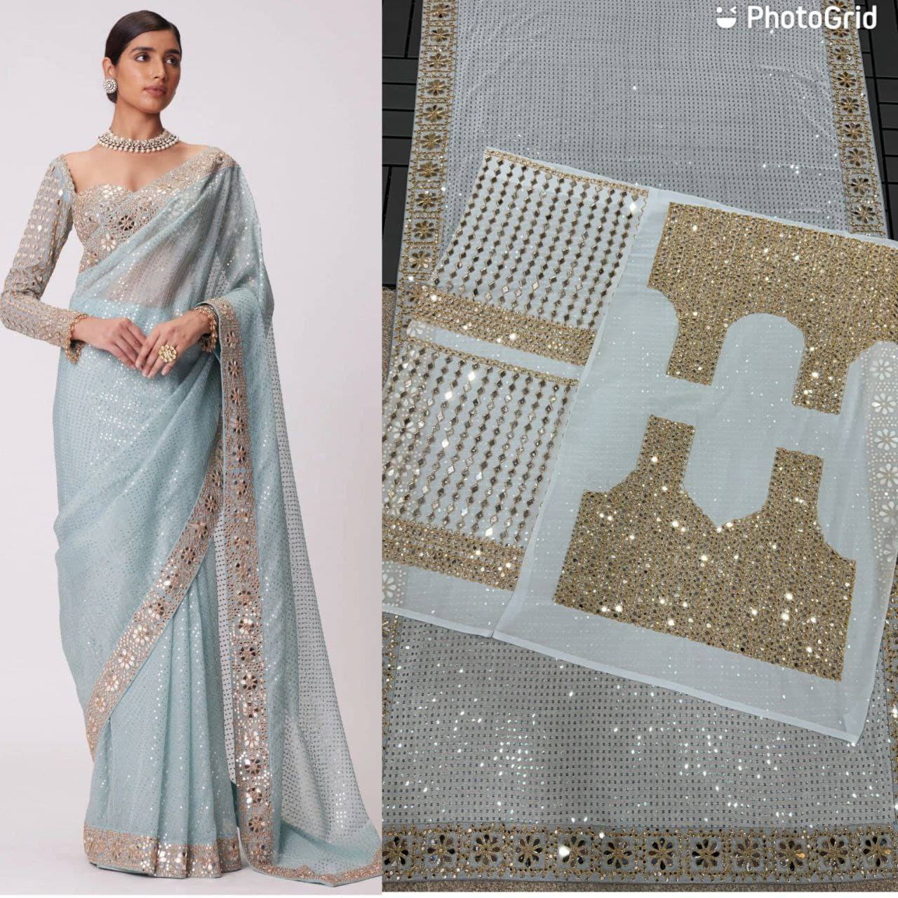 Original Mirror Work Designer Saree With  Blouse