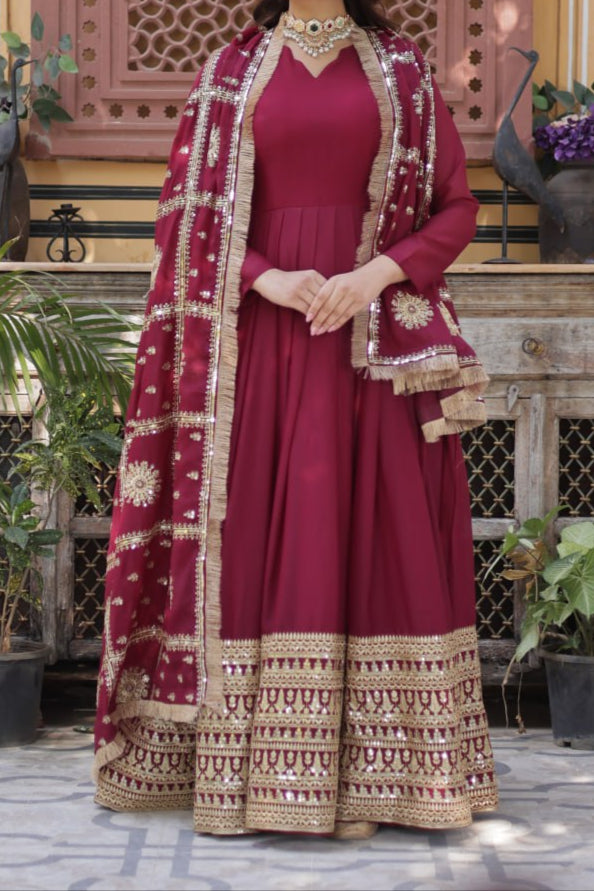 Embroidery Zari Sequence Work Gown  With  Dupatta