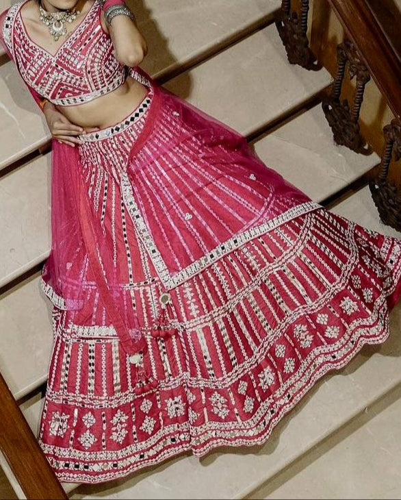 Wedding Special Heavy Slub Silk Thread & Paper Mirror Work Lehenga Choli