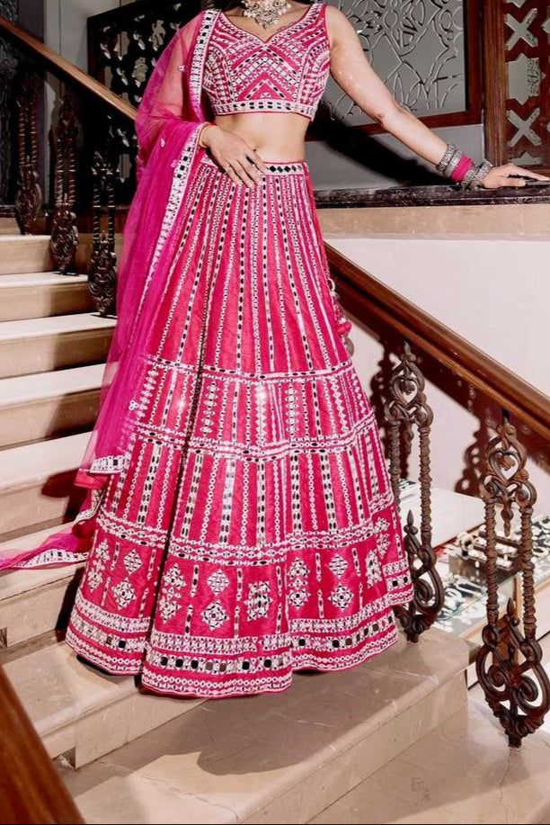 Wedding Special Heavy Slub Silk Thread & Paper Mirror Work Lehenga Choli