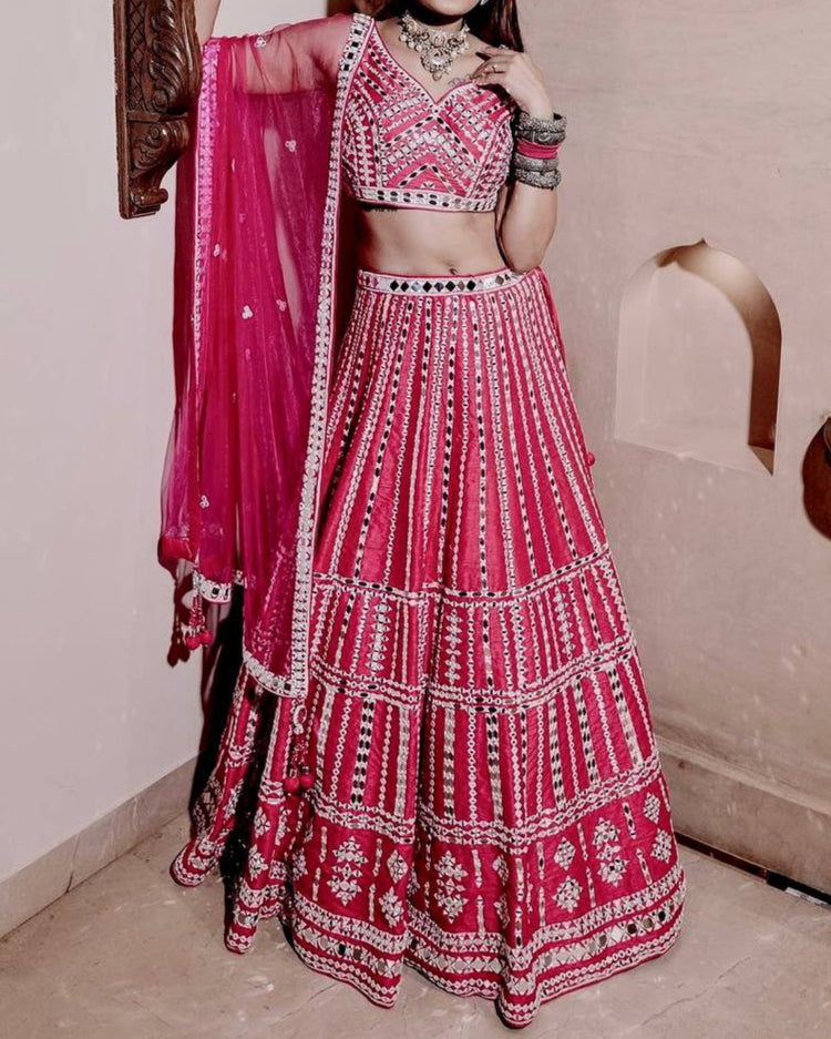 Wedding Special Heavy Slub Silk Thread & Paper Mirror Work Lehenga Choli