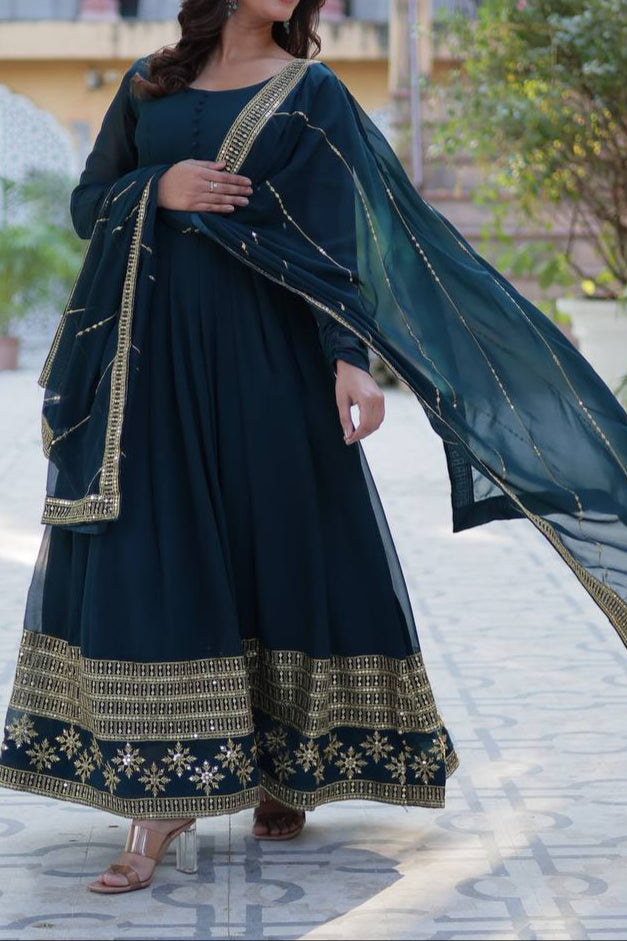 Faux Blooming Gown With Dupatta With Attractive Embroidered Work