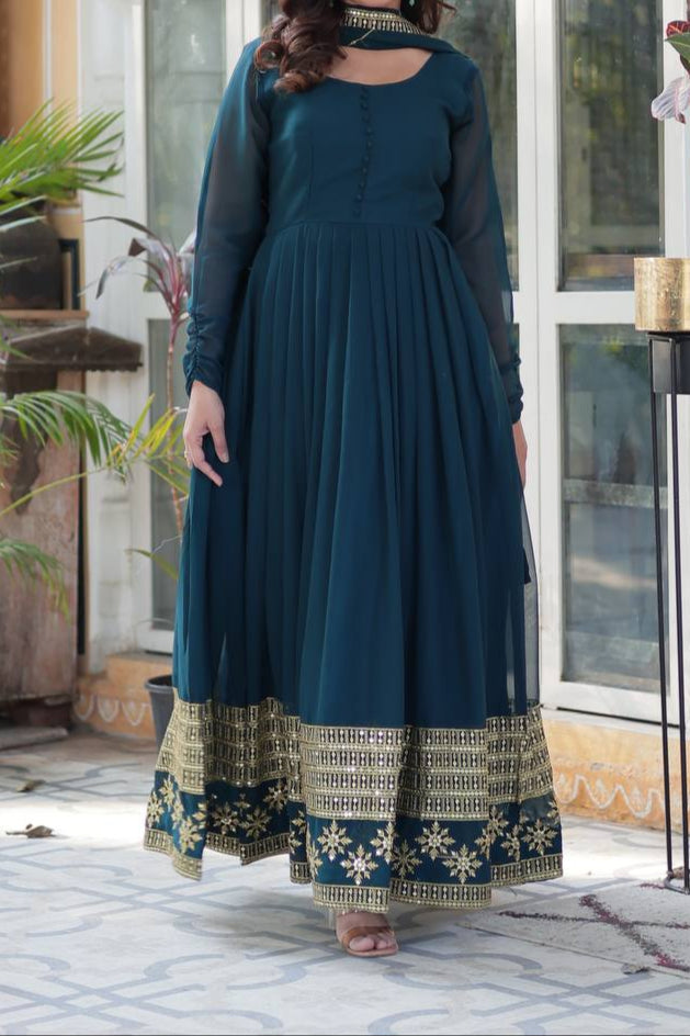 Faux Blooming Gown With Dupatta With Attractive Embroidered Work