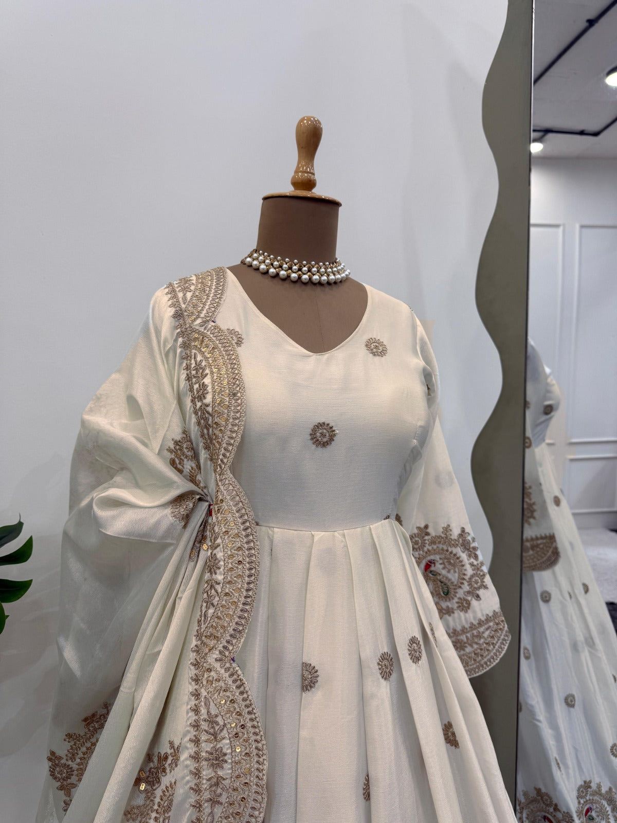 Designer Gown Sequence Work On Chinon Silk Fabric