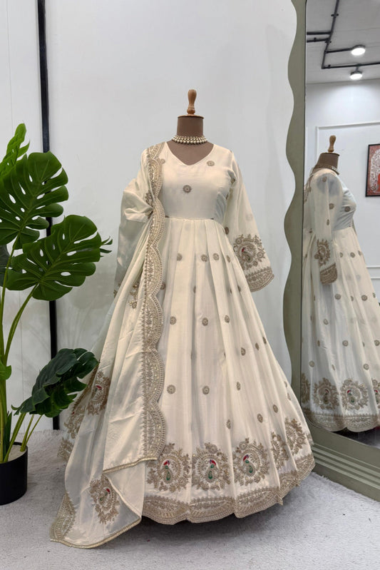Designer Gown Sequence Work On Chinon Silk Fabric