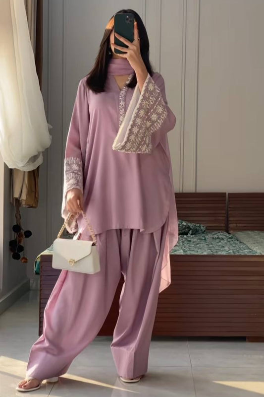 Party Wear Natural Satin Top Palazzo & Dupatta Set