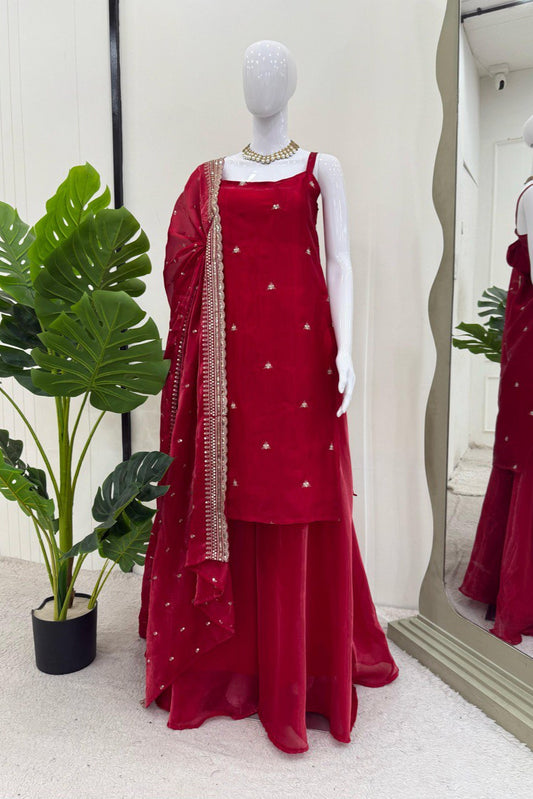 Wedding Special Thread With Sequence Work Top Plazzo  & Dupatta Set