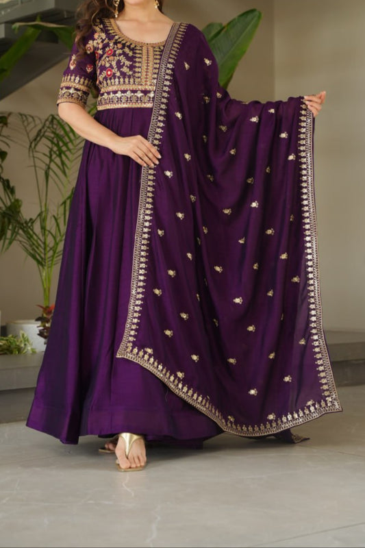 Sequence & Zari Embroidered Work Gown With Dupatta