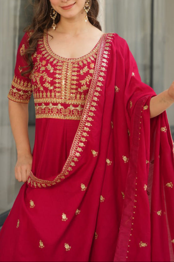 Sequence & Zari Embroidered Work Gown With Dupatta