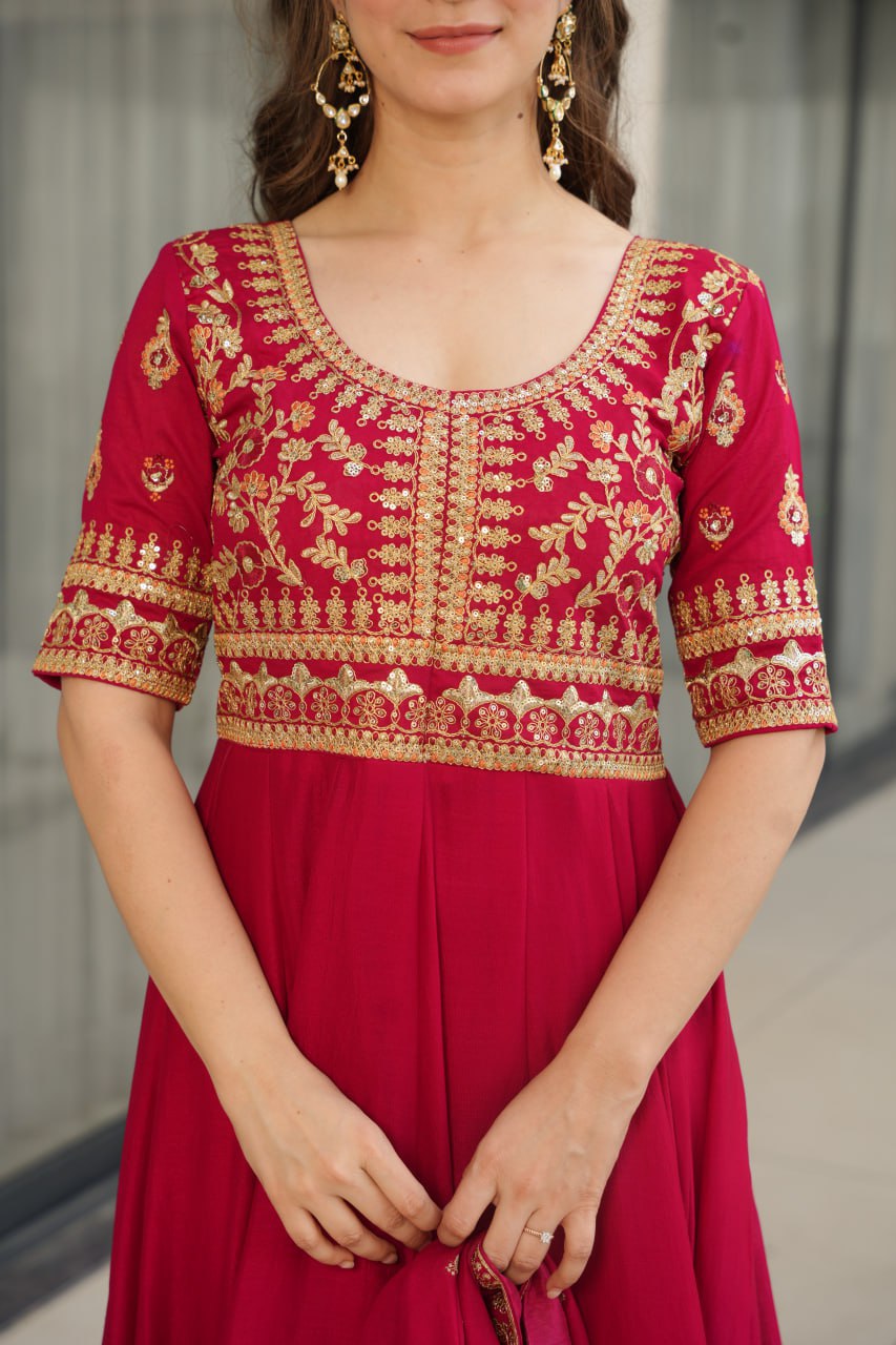 Sequence & Zari Embroidered Work Gown With Dupatta