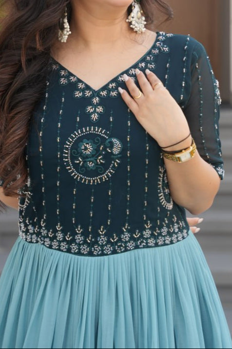 Wedding Special Beads Embroidered Work & Rich Floral Pedding Digital Print Gown