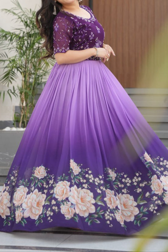 Wedding Special Beads Embroidered Work & Rich Floral Pedding Digital Print Gown