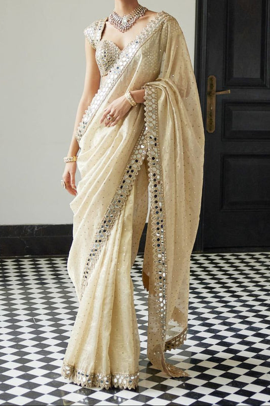 Organza Silk Real Mirror Work Sequence Work Saree