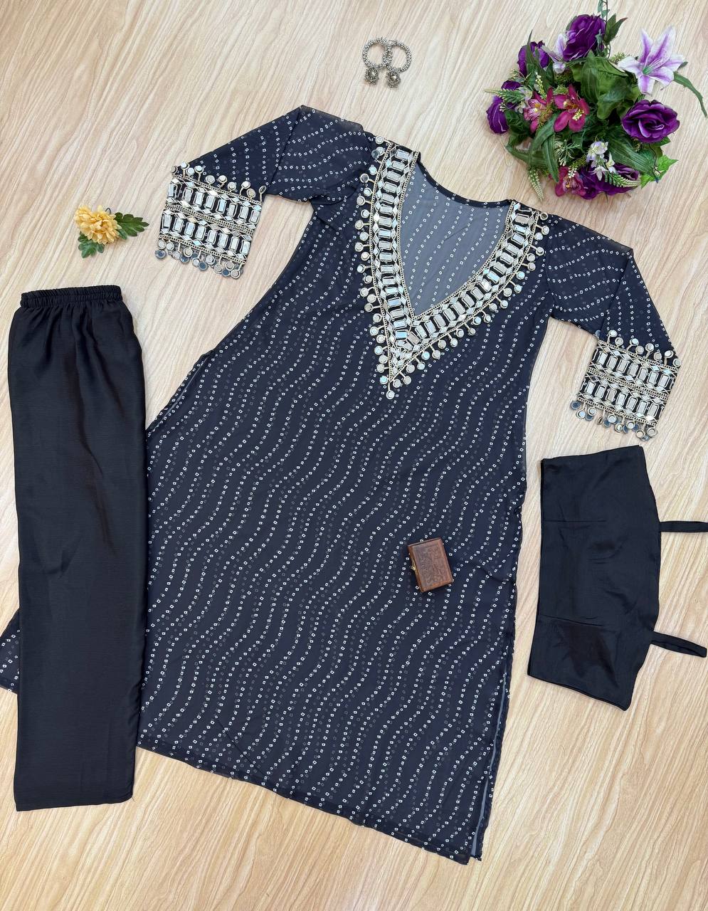 Beautiful Georgette Digital Printed Mirror Work Kurti Set