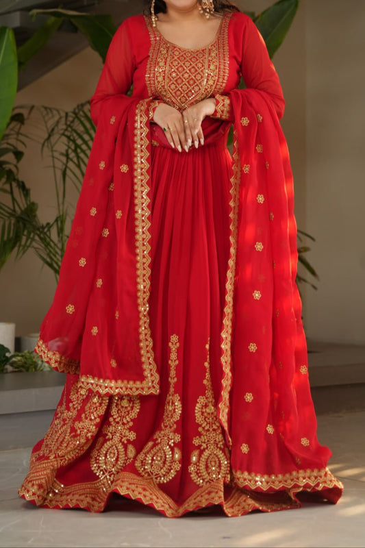 Wedding Special Embroidery Zari Sequins Work Gown & Dupatta Set