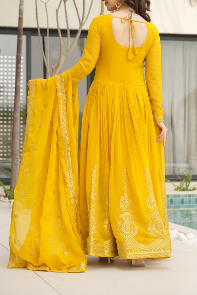 Wedding Special Embroidery Zari Sequins Work Gown & Dupatta Set