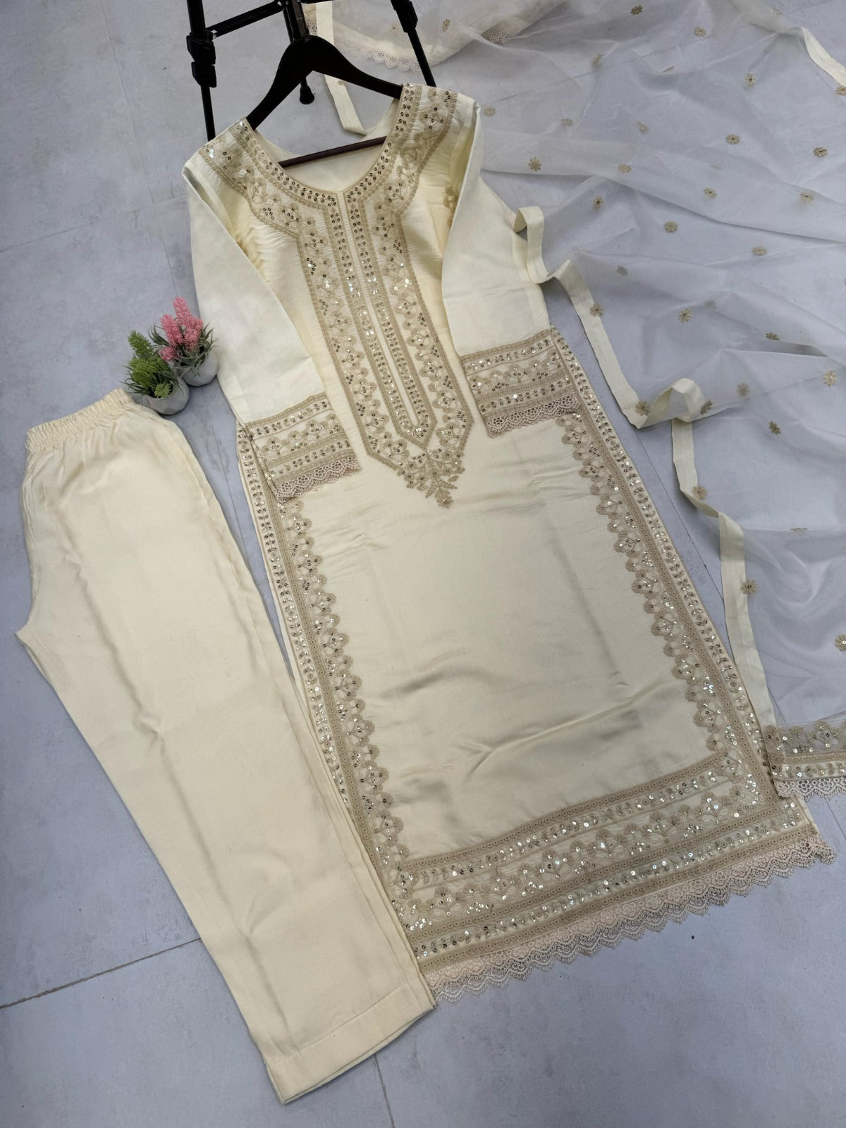Roman Silk Sequence Embroidered Cotton Work Suit Set